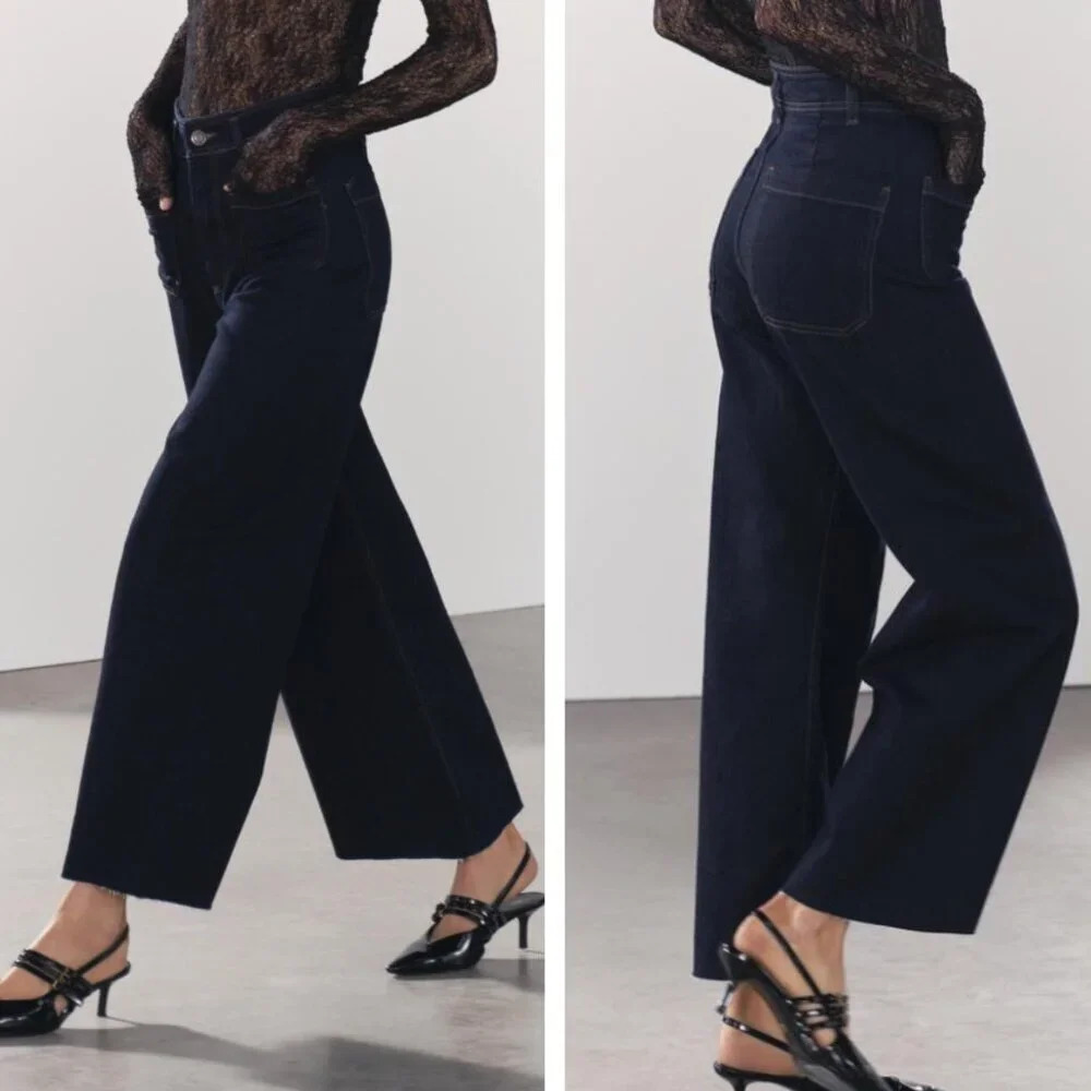 Zara Dark Blue High Waist Cut Off Jeans 33172